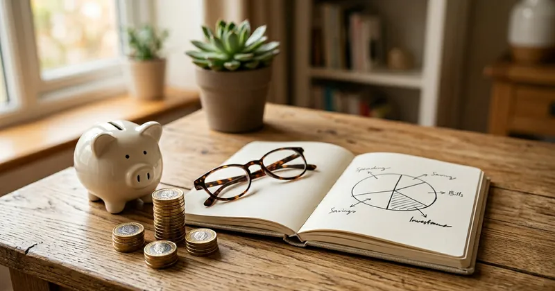 Desk scene with a piggy bank, pound coins, and a notebook suggesting careful planning for UK ISA savings.