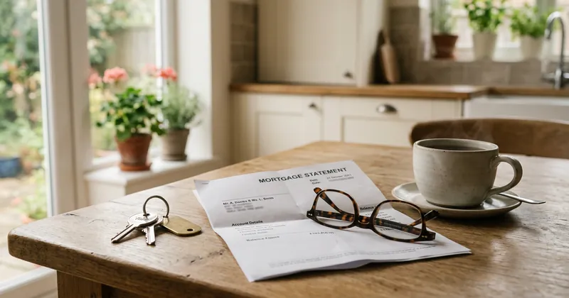 Warm daylight on a kitchen table with house keys, papers, and tea, suggesting a calm moment to review remortgage options at home.